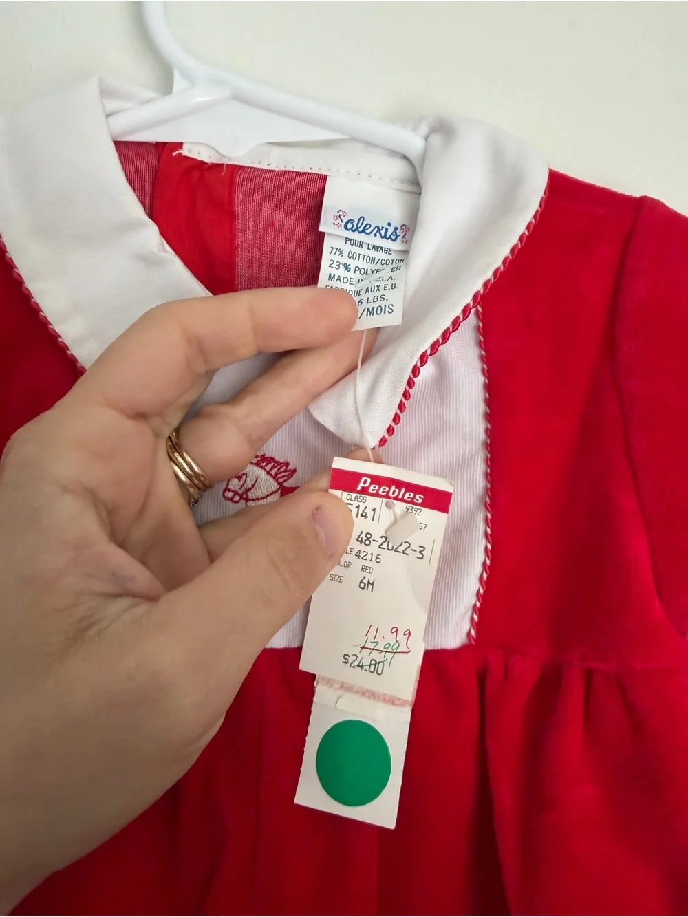 Vintage Kids Infant Red Velour Collared Romper with Embroidered Rocking Horse 6M